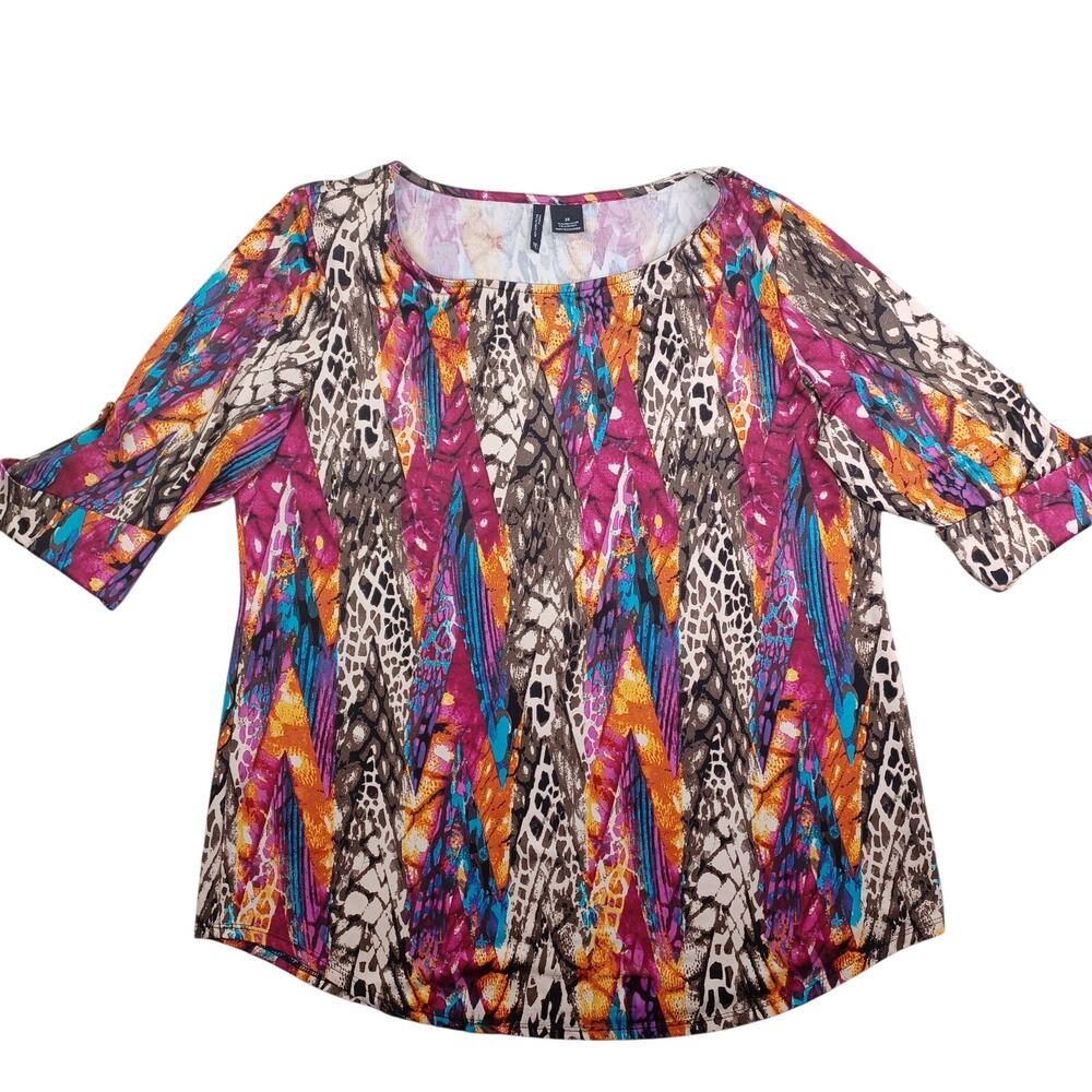New Directions Women 2X Mixed Print Tunic Top Roll Tab Sleeve Stretch Knit Artsy - Picture 3 of 8